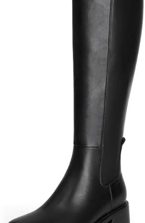 Knee High Boots Women Faux Leather Elastic Boots Low Heel Square Toe Side Zipper Fall Long Tall Boots for Women