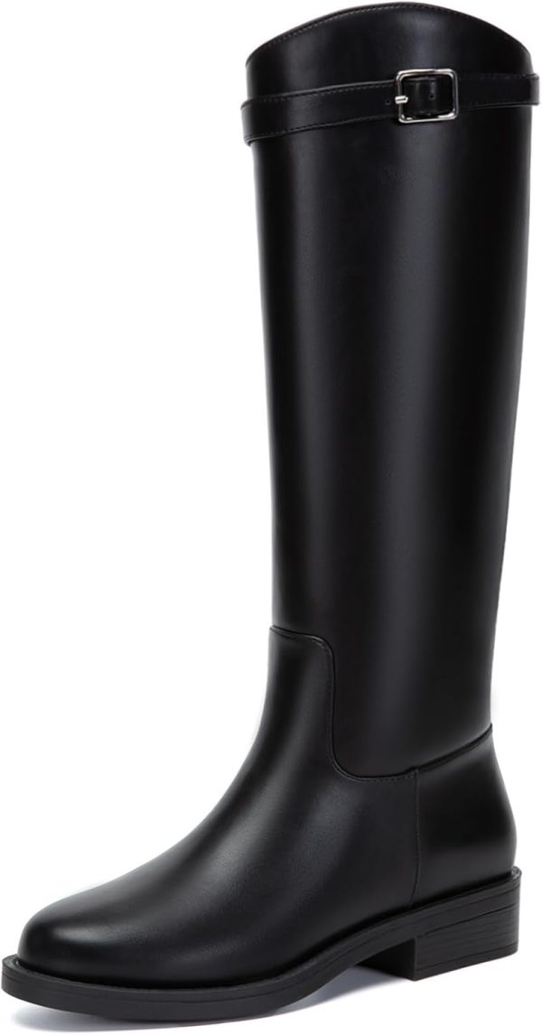 Women Knee High Riding Boots Round Toe Low Heel Tall Boots ll On Long Booties with Buckle