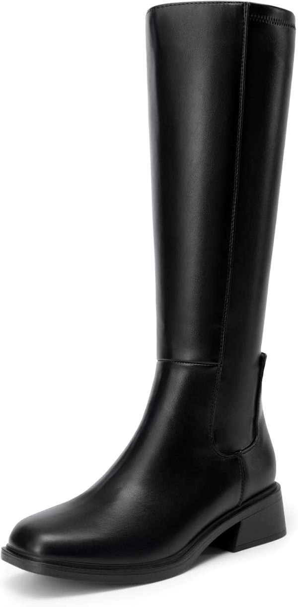 Women Knee High Boots Square Toe Low Block Heel Casual Comfort Riding Long Boots with Side Zipper