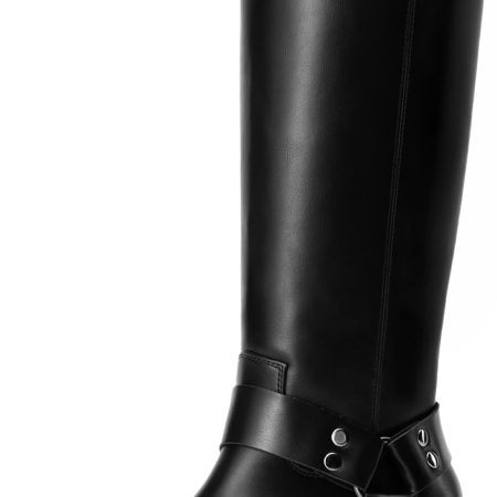 Women Knee High Boots Motorcycle Riding ll-on Fashion Long Square Toe Buckle Biker Boots for Women