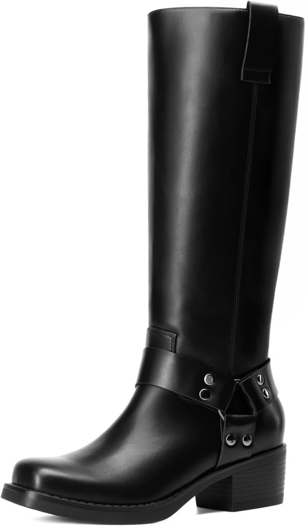 Women Knee High Boots Motorcycle Riding ll-on Fashion Long Square Toe Buckle Biker Boots for Women