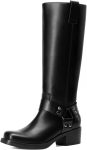 Women Knee High Boots Motorcycle Riding ll-on Fashion Long Square Toe Buckle Biker Boots for Women