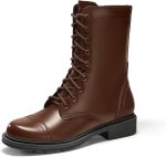 Women Mid Calf Combat Boots Low Heel Lace Up Round Toe Military Boots Fall Shoes with Side Zipper
