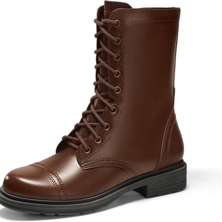 Women Mid Calf Combat Boots Low Heel Lace Up Round Toe Military Boots Fall Shoes with Side Zipper