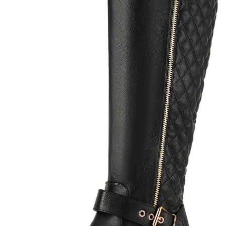 Women Knee-High Boots Comfortable Chunky Block Heel Round Toe Side Zipper Riding Fashion Buckles Biker Motorcycle Boots