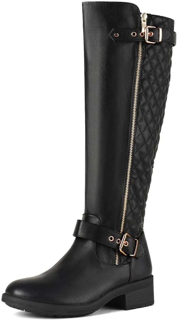 Women Knee-High Boots Comfortable Chunky Block Heel Round Toe Side Zipper Riding Fashion Buckles Biker Motorcycle Boots