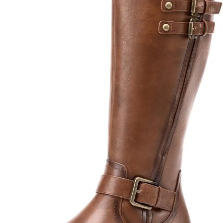 Women Knee High Riding Pirate Boots, Comfortable Low Chunky Heel Flat Motorcycle Buckle Boots for Women