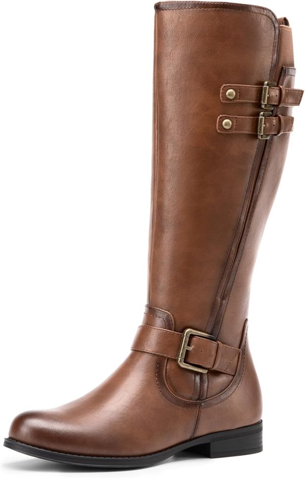 Women Knee High Riding Pirate Boots, Comfortable Low Chunky Heel Flat Motorcycle Buckle Boots for Women