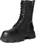 Women Combat Boots Lace up Mid Calf Boots Low Heel Chunky Platform Lug Sole Riding Boots