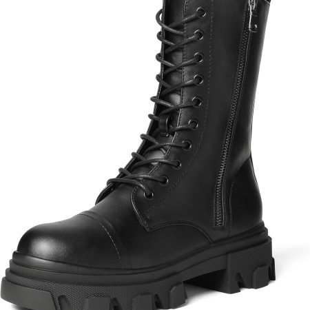 Women Combat Boots Lace up Mid Calf Boots Low Heel Chunky Platform Lug Sole Riding Boots