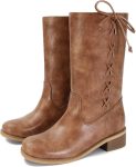 Mid Calf Boots for Women Wide Lace up Chunky Low Heel Booties Comfortable Round Toe Retro Cute Fall Winter Boot