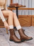 Women Mid Calf Combat Boots Low Heel Lace Up Round Toe Military Boots Fall Shoes with Side Zipper