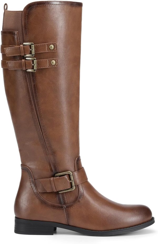 Women Knee High Riding Pirate Boots, Comfortable Low Chunky Heel Flat Motorcycle Buckle Boots for Women