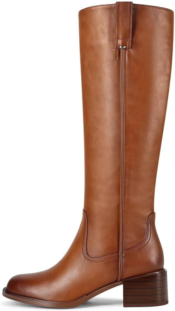 Knee High Boots for Women Chunky Heel Round Toe Leather Patent Boots Low Block Heel Tall Boots With Side Zipper