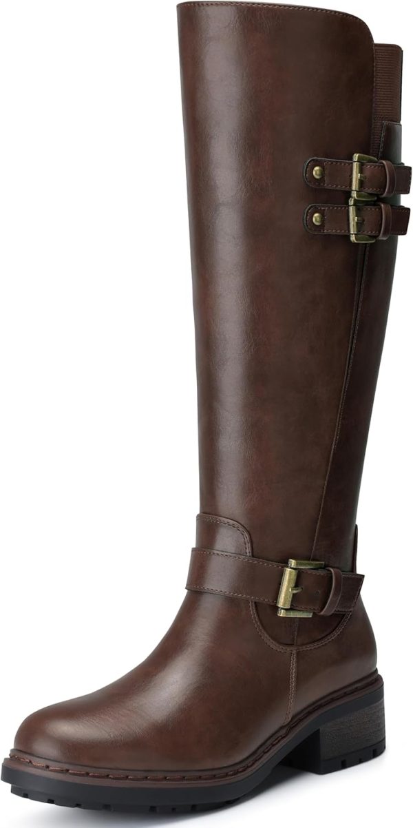 Women Knee High Boots: Round Toe Side Zipper Motorcycle Riding Boots - Low Block Heel Tall Fall Boots