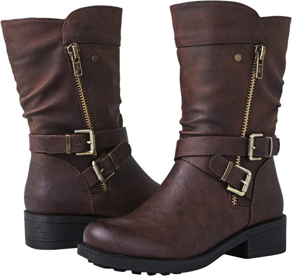 Women Fall Fashion Biker Boots Mid Calf Boots For Women Low Heel