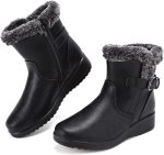 Women Snow Boots with Zipper Waterproof Leather Fur Lined Winter Warm Boots for Women Comfortable Platform Fashion Ankle Booties