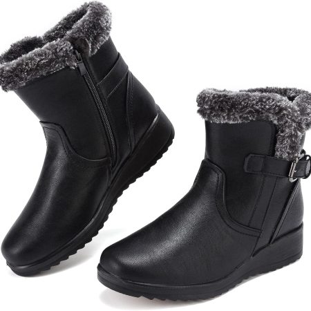 Women Snow Boots with Zipper Waterproof Leather Fur Lined Winter Warm Boots for Women Comfortable Platform Fashion Ankle Booties