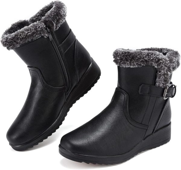 Women Snow Boots with Zipper Waterproof Leather Fur Lined Winter Warm Boots for Women Comfortable Platform Fashion Ankle Booties