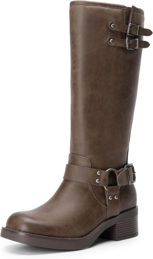 Women Knee High Boots Combat Boots Goth Boot Lace Up Adjustable Buckles Chunky Low Heel Fall Booties with Side Zipper to t on and off