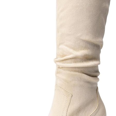 Women Knee-High Boots, Comfortable Chunky Block Heel Pointed Toe ll On Side Zipper Suede Slouch Riding Boots