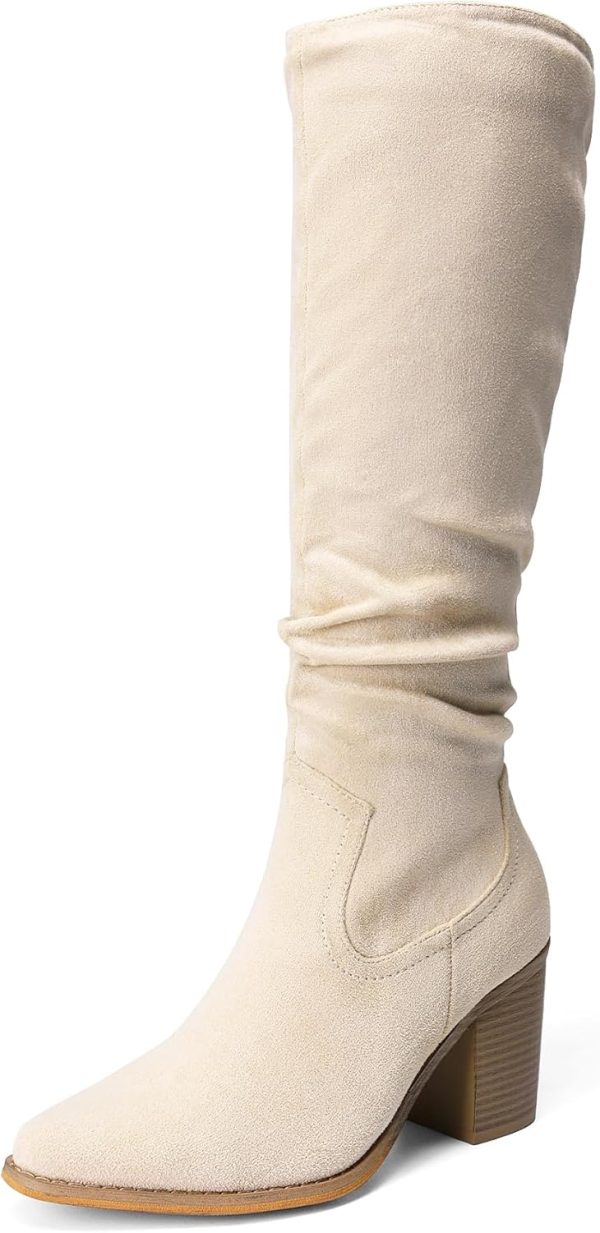 Women Knee-High Boots, Comfortable Chunky Block Heel Pointed Toe ll On Side Zipper Suede Slouch Riding Boots