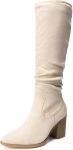 Women Knee-High Boots, Comfortable Chunky Block Heel Pointed Toe ll On Side Zipper Suede Slouch Riding Boots
