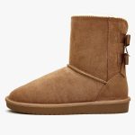 Women Mid Calf Suede Winter Boots, Slip-On Snow Boots, Cozy Fur Lined, Back Bow Design