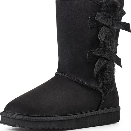 Women Suede Snow Boots Mid-Calf Winter Shoes with Side Bows