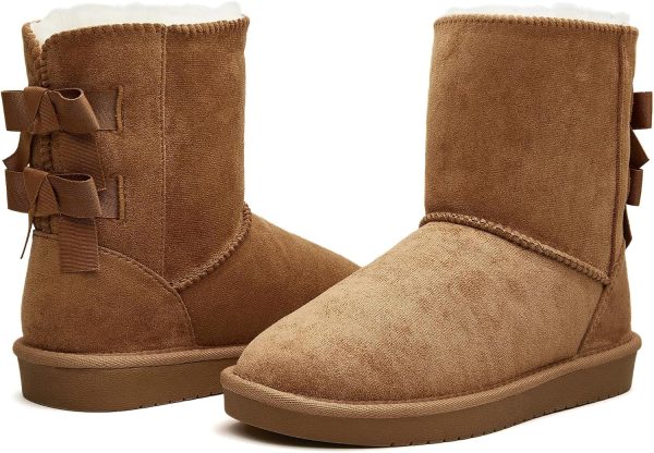 Women Mid Calf Suede Winter Boots, Slip-On Snow Boots, Cozy Fur Lined, Back Bow Design